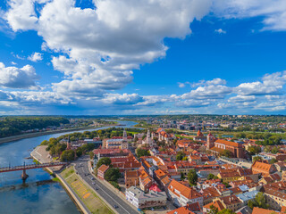 Obraz premium Kaunas old town, Lithuania. Panoramic drone aerial view photo of Kaunas city center with many historical buildings