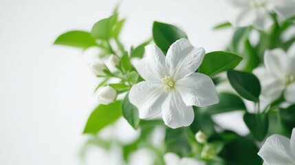 Obraz premium A close-up of delicate white flowers and green leaves against a soft background.