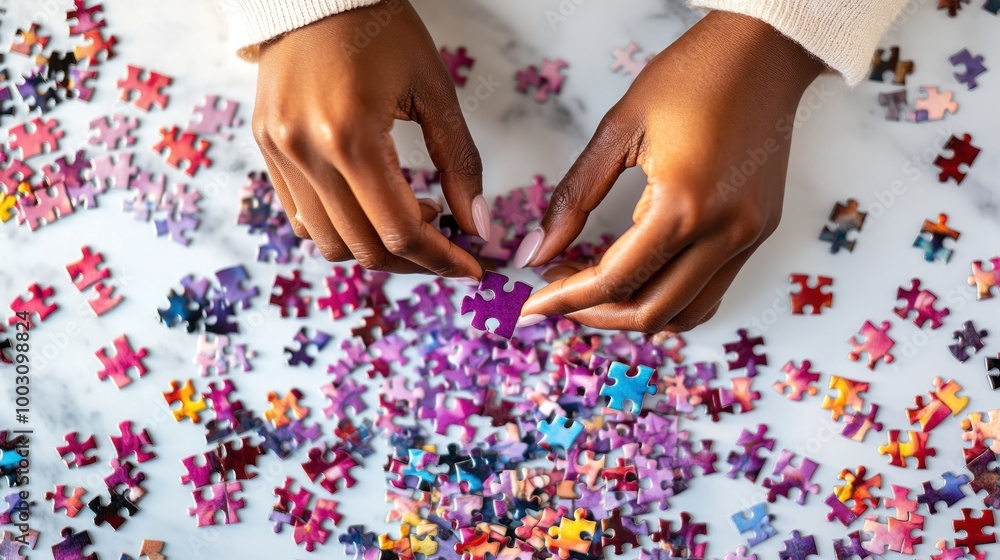 Poster hands assembling a colorful jigsaw puzzle on a marble surface.