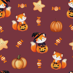 Seamless Halloween pattern featuring foxes, pumpkins, witch hats, candies, mice, and stars in a whimsical, festive design. Perfect for autumn decorations, fabric, packaging, and seasonal party themes 