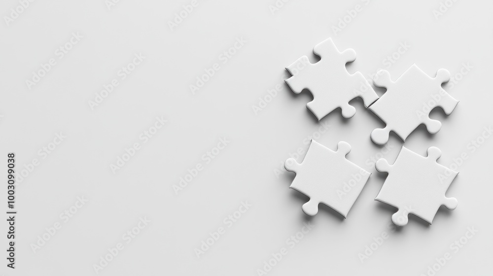 Poster four white puzzle pieces on a plain surface, symbolizing problem-solving and creativity.