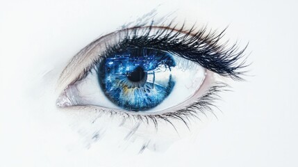 Blue eye with a vivid reflection of a futuristic digital world, symbolizing vision and innovation