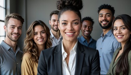 Fototapeta premium Multiracial businesspeople smiling at the camera in a modern office. Diverse team of businesspeople and inclusivity concept