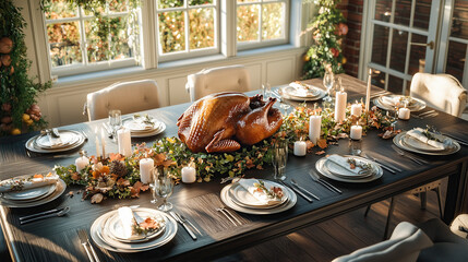Top view of Thanksgiving or Christmas dinner. Festive decorated table with roasted turkey and holiday traditional food.