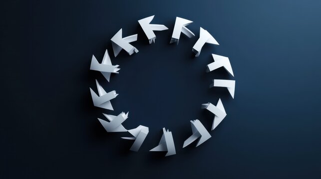 Circular composition of multiple white arrows pointing inward, converging at the center, conveying reversal, cancellation, or undoing, on a dark blue background.