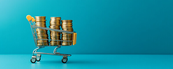 A miniature shopping cart loaded with stacks of gold coins, symbolizing wealth, finance, investment, and the concept of consumer spending.

