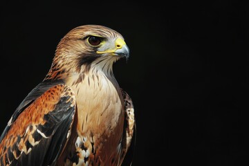Obraz premium Majestic hawk perched against a dark backdrop showcasing striking colors and sharp features during daylight hours