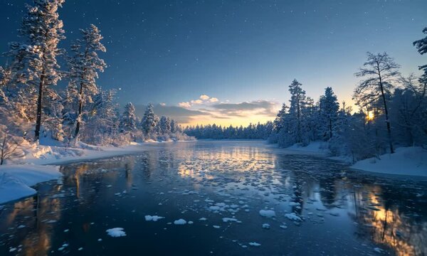 Frozen lake with snow-covered trees under a clear night sky, with the ice and snow reflecting the light of the stars. . Video