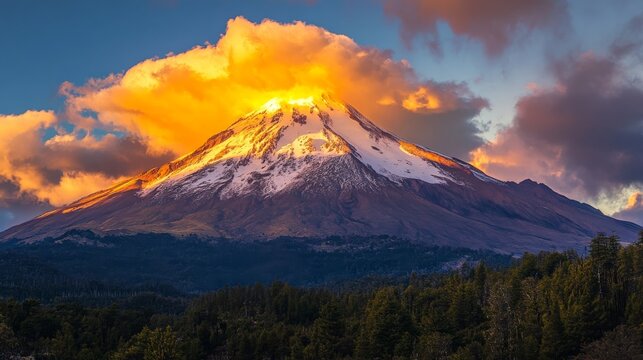 Calbuco's snowy summit, bathed in gold
