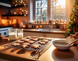 A cozy holiday kitchen with freshly baked gingerbread cookies cooling on a wire rack. Nearby