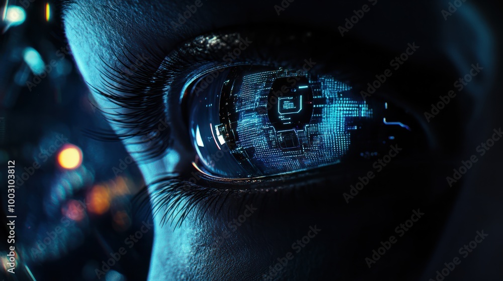 Poster hacker or ai robot eye in dark tech space, cyborg vision on digital background. concept of cyber sec