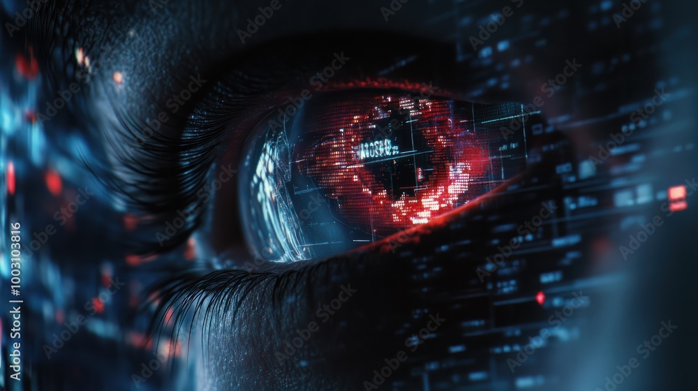 Aufkleber hacker or ai robot eye in dark tech space, cyborg vision on digital background. concept of cyber sec