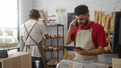 Two men working in an indoor bakery with one using a phone and tablet while the other arranges bread on shelves, showing a busy and organized shop environment