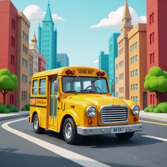 A cute little mini-D school bus explores a cartoon-style urban setting