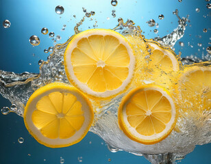 A creative shot of vibrant lemon slices spinning in a burst of sparkling water, with bubbles