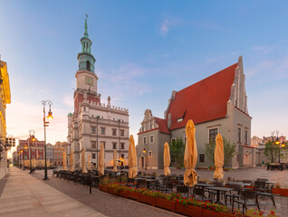 Facades of old colorful houses on the Town Hall Square in Poznan