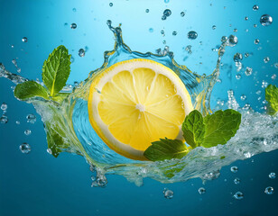 A creative, surreal image of a slice of lemon floating through a splash of icy water, with m