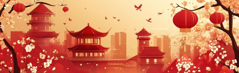 Chinese New Year background with lanterns, flowers and temple
