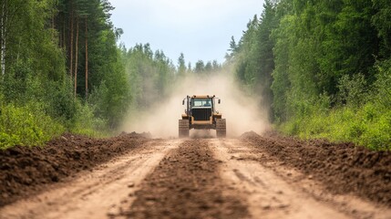 Heavy Machinery on Dusty Road in Dense Forest