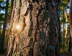 A detailed close-up of cracked tree bark, emphasizing the rough, natural texture. Sunlight f