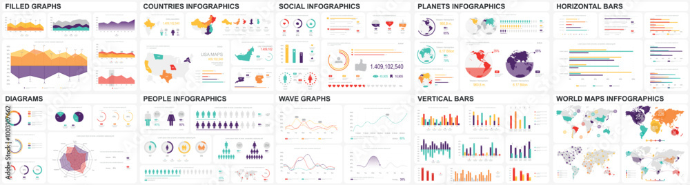 Poster Mega set of infographic elements data visualization vector design template. Includes social media, business process, people, workflow, diagram, flowchart, timeline, marketing. Bundle info graphics.