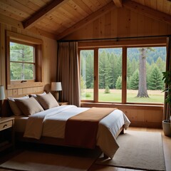 Fototapeta premium Wooden home bedroom with bed and panoramic view Mockup Frame