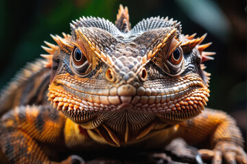 A close-up of an angry frilled dragon lizard, showing its fierce expression and detailed scales. The sharp focus highlights the intricate texture of this reptile’s face. Generative AI