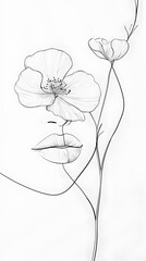 Minimalist Pencil Drawing of a Female Face with Flowers, on White Background, Abstract Image, Texture, Pattern Background, Wallpaper, Cover and Screen of Smartphone, PC, Laptop, 9:16 and 16:9 Format