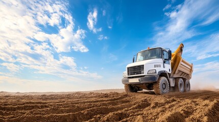 Naklejka premium Construction Truck on Dirt Path Under Blue Sky