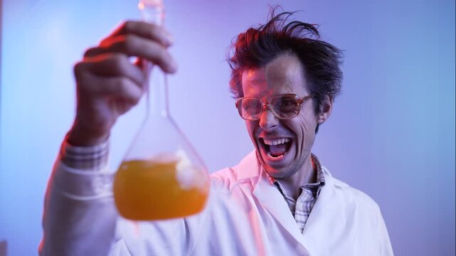 Evil genius holds a flask in his hands with a liquid