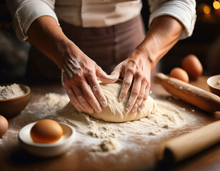 Fototapeta premium A detailed shot of hands kneading dough on a floured kitchen counter. Freshly cracked eggs