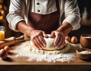 Fototapeta premium A detailed shot of hands kneading dough on a floured kitchen counter. Freshly cracked eggs