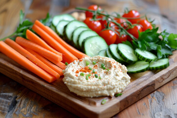 A wooden board with a variety of vegetables and dip