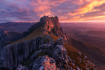 Naklejka premium A mountain peak with a beautiful sunset in the background