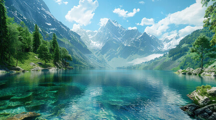 mountains and a pristine green lake