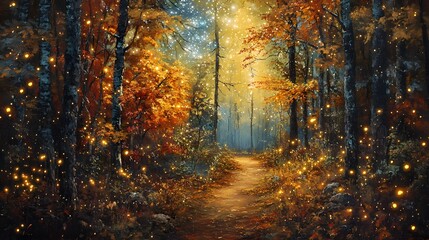 Obraz premium Painting a forest with autumn colors, with trees and leaves changing color in the background