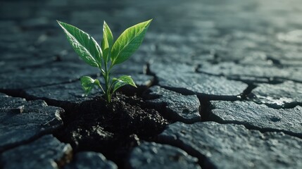 Young plant growing from cracked earth.