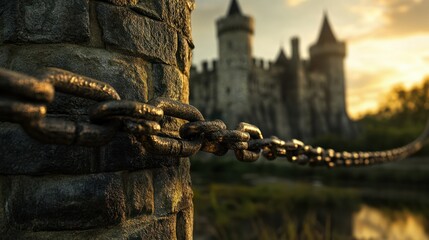Naklejka premium Zaun mit Kette und Schloss close up Hintergrund