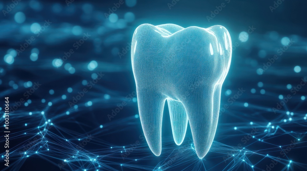 Poster 3d render of tooth icon on digital background, ai generative technology concept.