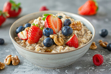A bowl of oatmeal with blueberries, strawberries, and walnuts