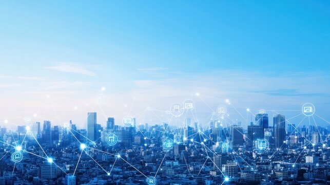 A cityscape with connected network lines and technology icons, representing the digital transformation of urban environments. The background is a clear blue sky, symbolizing hope for future - Powered by Adobe