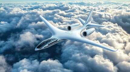 Obraz premium A futuristic hydrogen powered airplane flying above the clouds representing the next generation of sustainable air travel