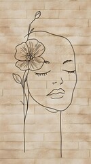 Minimalist Pencil Drawing of a Female Face with Flowers, on Brick Background, Abstract Image, Texture, Pattern Background, Wallpaper, Cover and Screen of Smartphone, PC, Laptop, 9:16 and 16:9 Format
