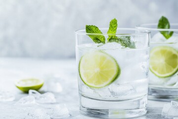 Fototapeta premium Refreshing lime and mint cocktail served over ice in elegant glassware