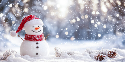 Fototapeta premium Cute funny snowman with red hat and scarf against winter holiday landscape with bokeh lights. Holiday Merry Christmas greeting card with copy space.