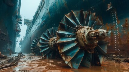 Large, weathered propellers lie in the mud at a shipyard, overlooked by towering ships shrouded in mist, creating an atmosphere of haunting beauty and decay