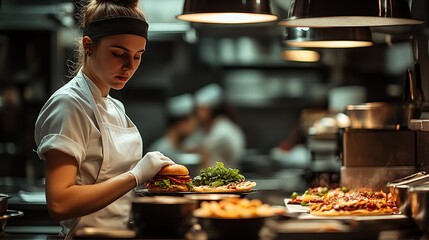 Female chef demonstrating culinary skill making pizza in busy restaurant kitchen with warm atmospher