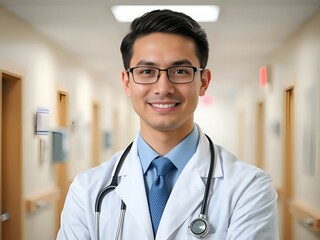 A professional doctor standing in a hospital hallway, representing healthcare excellence and confidence.