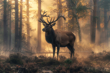 Obraz premium A deer stands in a forest with its antlers raised