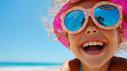 A close-up of the face of an excited little girl wearing pink sunglasses and a hat, cheerful mood. the essence of summer fun at the sea
